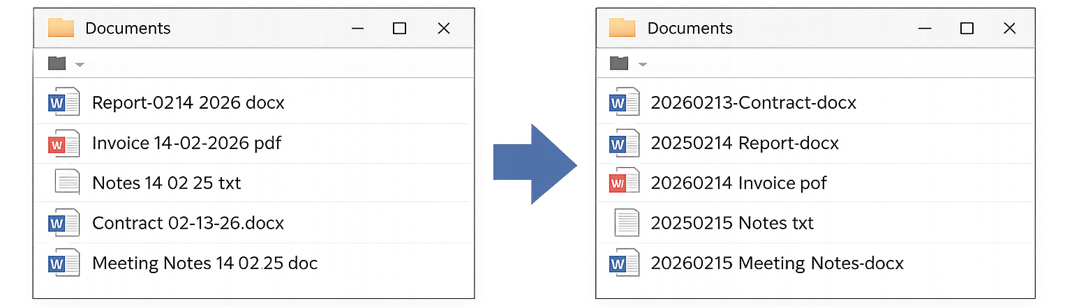 Before: chaotic file names with inconsistent date formats. After: organized files with standardized date prefixes.