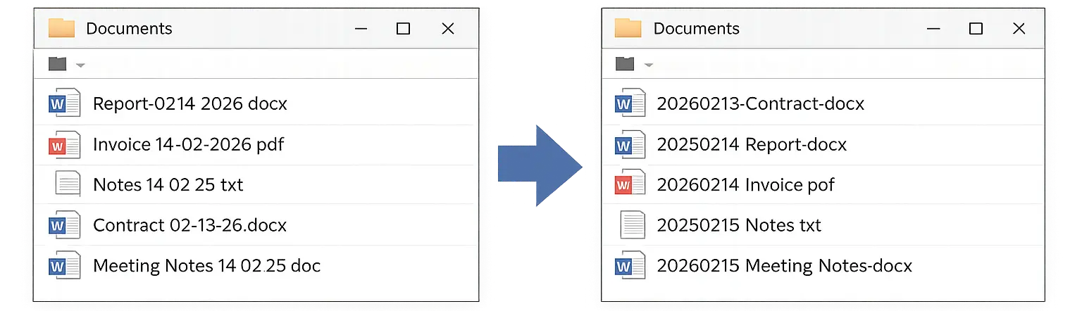 Before: chaotic file names with inconsistent date formats. After: organized files with standardized date prefixes.